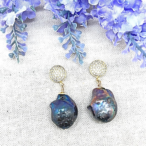 CZ Baroque Black Peacock Pearl Stud Dangles, Gold or Silver, Ships in Gift Box - Picture 8 of 10